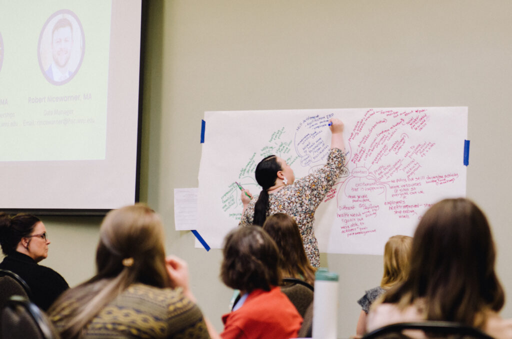 Lecturer mind mapping on poster paper in front of a crowd.